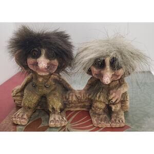 Rare Nyform Troll Couple Log Sitting Handmade in Norway Goblin Gremlin 7x4 In